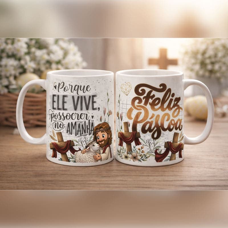 Arte Caneca Páscoa Cristã Porque Ele Vive Posso Crer no Amanhã | PNG + PDF - imagem 4